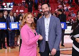 Carnival Corp. President and CEO Josh Weinstein with Mariyuri Zeron.